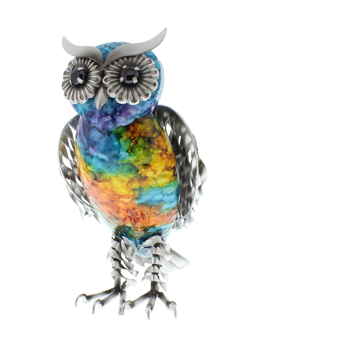 Hand Painted Gloss Metal Standing Owl Decoration - Rainbow