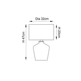 Dimension diagram of the Endon Danefield table lamp showing 47cm height, 32cm shade diameter and 20cm shade height on a white background.