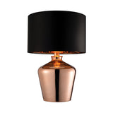 Endon Danefield table lamp with a polished copper glass base and black drum shade with copper-effect inner, shown on a plain white background.