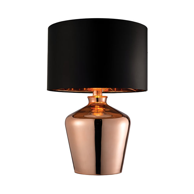 Endon Danefield table lamp with a polished copper glass base and black drum shade with copper-effect inner, shown on a plain white background.
