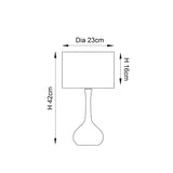 Endon Chartbury LED table lamp dimension diagram showing 42cm height, 23cm shade diameter and 16cm shade height on a plain background.