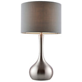 Endon Chartbury LED table lamp with a satin nickel teardrop base and grey fabric drum shade, shown on a plain white background.