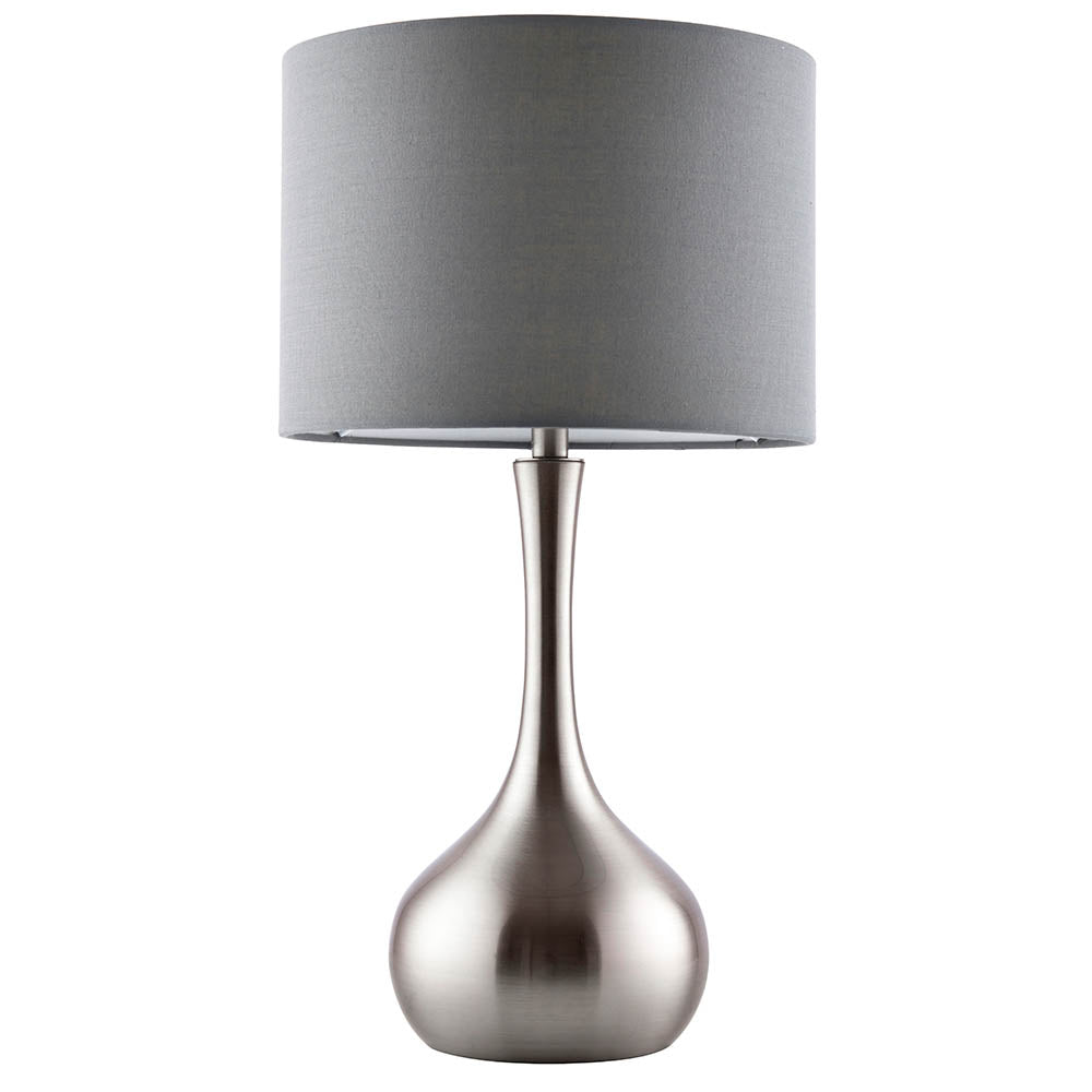 Endon Chartbury LED table lamp with a satin nickel teardrop base and grey fabric drum shade, shown on a plain white background.