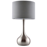 Endon Chartbury LED table lamp with a satin nickel teardrop base and grey fabric drum shade, shown on a plain white background.