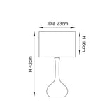 Dimension diagram of the Endon Chartbury LED table lamp showing 42cm height, 23cm shade diameter and 16cm shade height on a plain background.