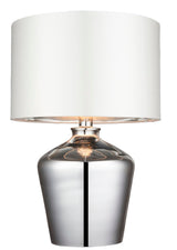 Danefield Table Lamp with a rounded chrome glass base and cream drum fabric shade, single E27 bulb visible, shown on a plain white background.