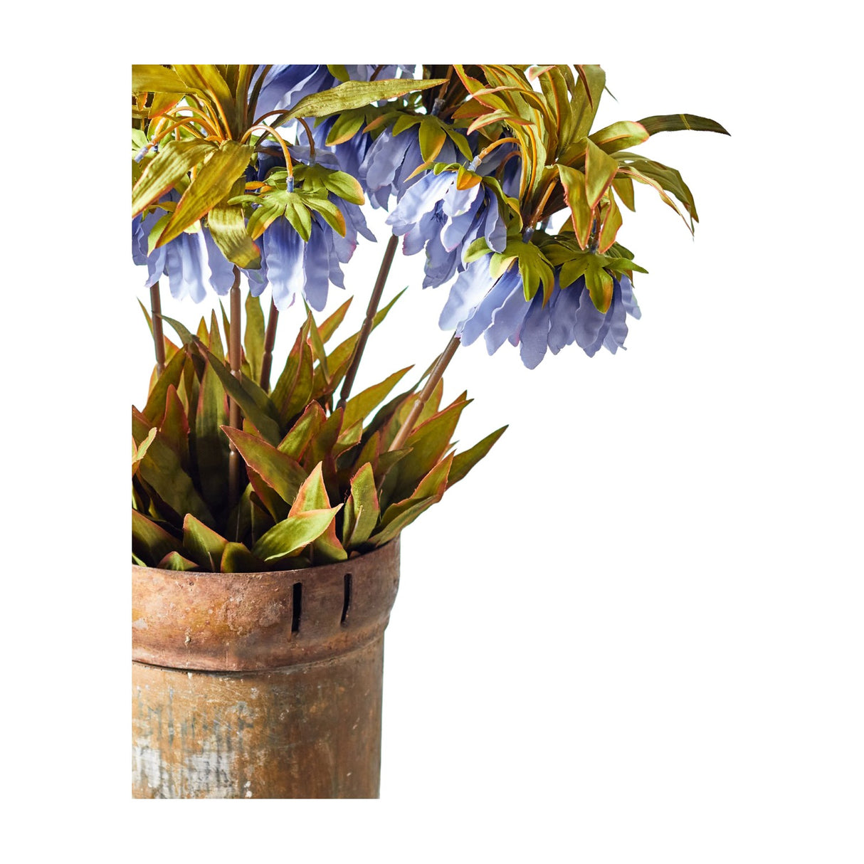 Libra Interiors Textured Fritillaria Crown blue artificial flowers with drooping blooms and green russet-toned foliage displayed in a rustic terracotta pot.