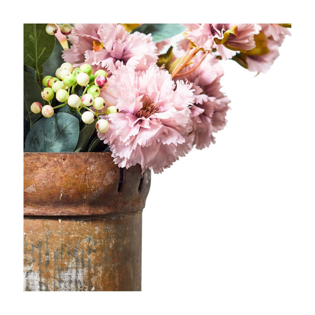 Libra Interiors Frilly Poppy faux stems in pink with ruffled petals, berry sprays and eucalyptus foliage arranged in a weathered terracotta pot.