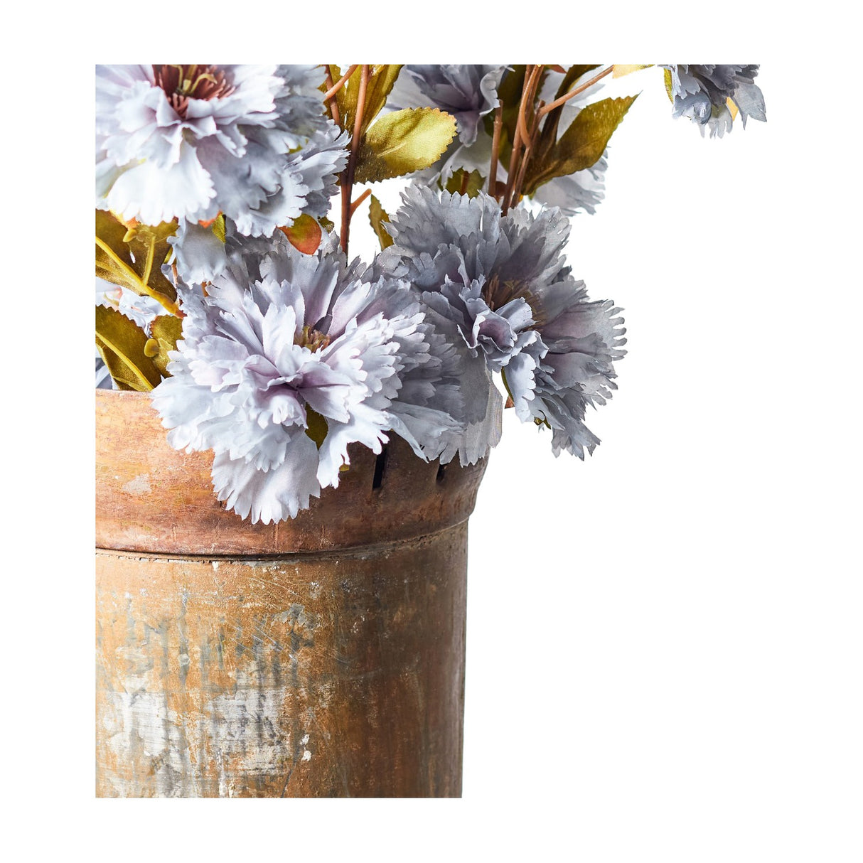 Libra Interiors Textured Frilly Poppy blue artificial flowers with ruffled pale blue blooms and green foliage arranged in a rustic aged terracotta urn.