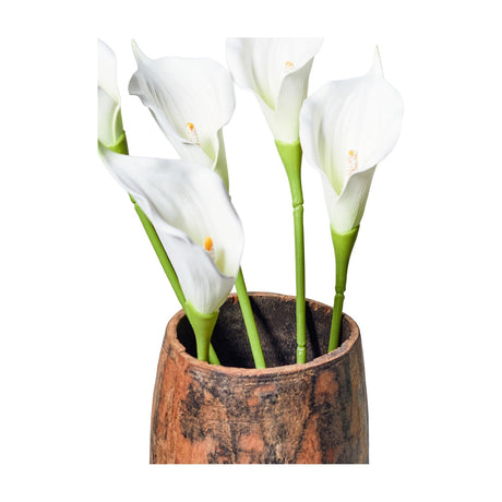 Libra Interiors Textured Calla Lily artificial stems in cream with green stalks, arranged in a rustic wooden vase against a white background.