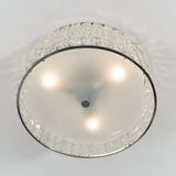 Underside view of the Endon Ophelia 3 light flush bathroom ceiling light in chrome, showing three illuminated G9 lamps behind a frosted glass diffuser.