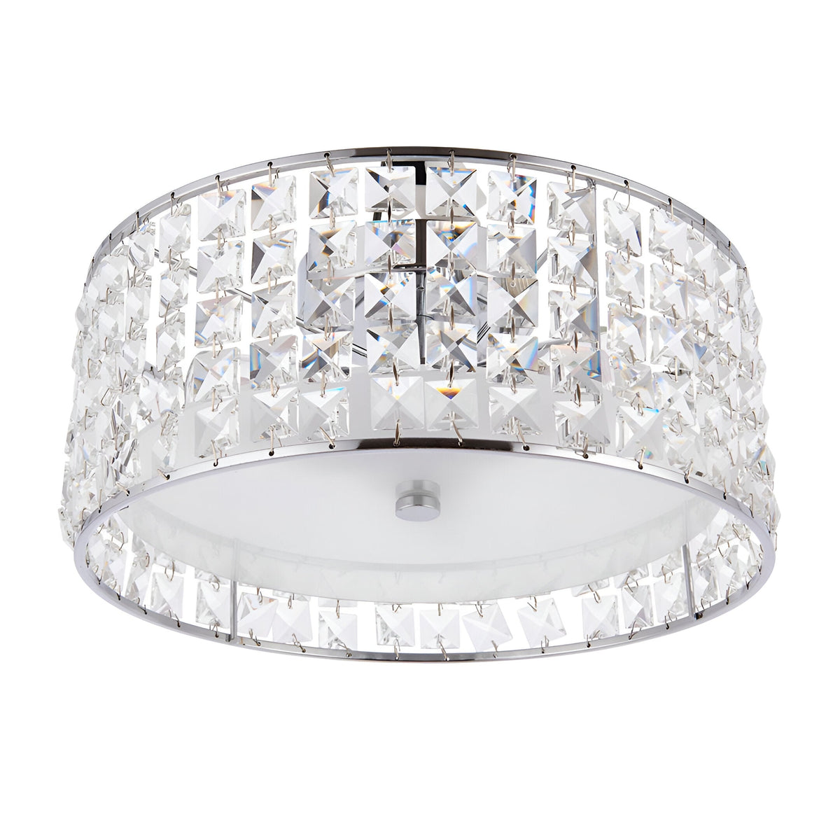 Endon Ophelia 3 light flush bathroom ceiling light with chrome drum frame, square crystal detailing and frosted glass diffuser, on a white background.