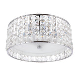 Endon Ophelia 3 light flush bathroom ceiling light with chrome drum frame, square crystal detailing and frosted glass diffuser, on a white background.