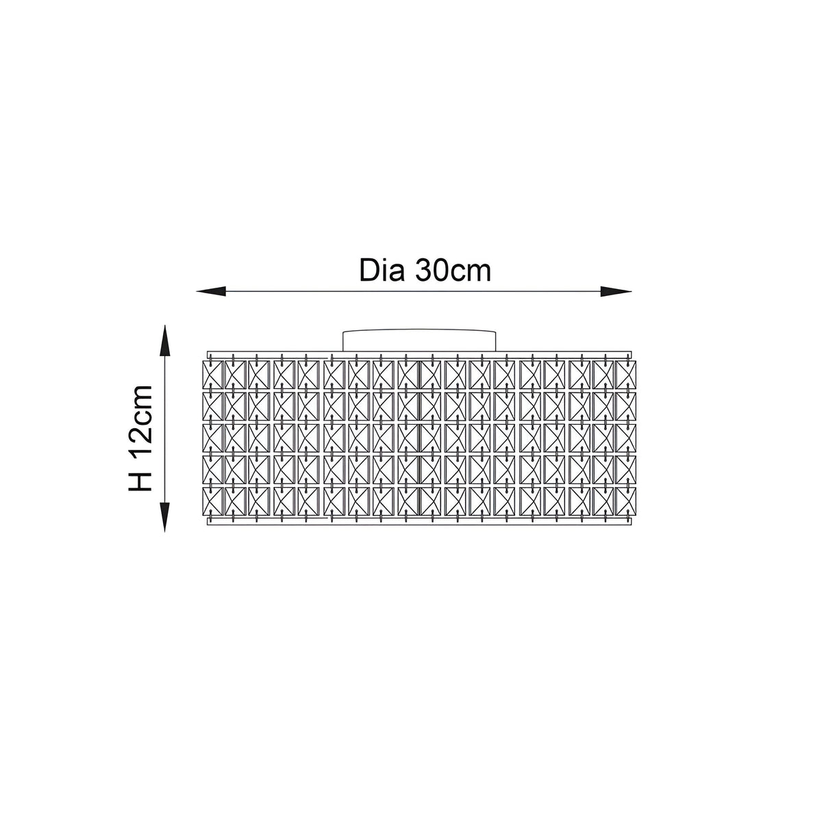 Dimension diagram of the Endon Ophelia 3 light crystal flush bathroom ceiling light in chrome, showing 30cm diameter and 12cm height.