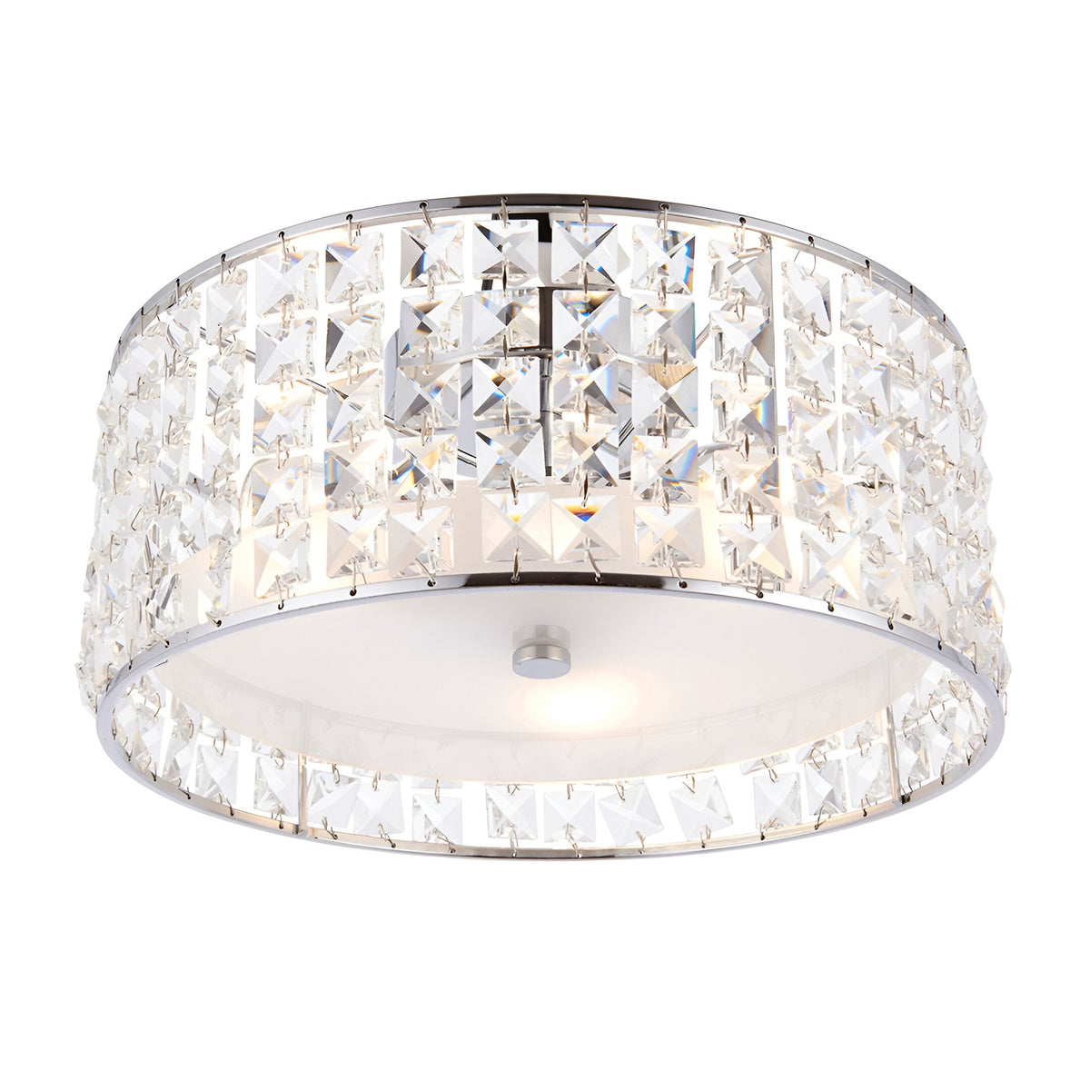Endon Ophelia 3 light flush bathroom ceiling light with chrome drum frame, square crystal detailing and frosted glass diffuser, on a white background.
