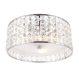 Endon Ophelia 3 light flush bathroom ceiling light with chrome drum frame, square crystal detailing and frosted glass diffuser, on a white background.
