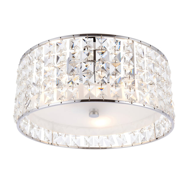 Endon Ophelia 3 light flush bathroom ceiling light with chrome drum frame, square crystal detailing and frosted glass diffuser, on a white background.