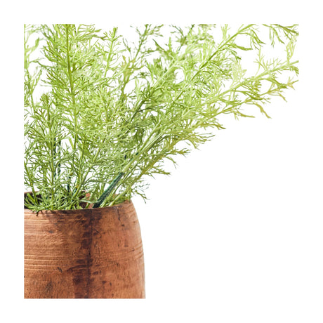 Libra Interiors textured faux dill stem with wispy green polyethylene fronds arranged in a rustic turned wooden pot against a white background.