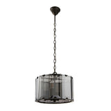 Bevshaw 4 Light Pendant in slate grey, with bevelled smoke glass panels on a drum frame, hung from a chain on a plain white background.