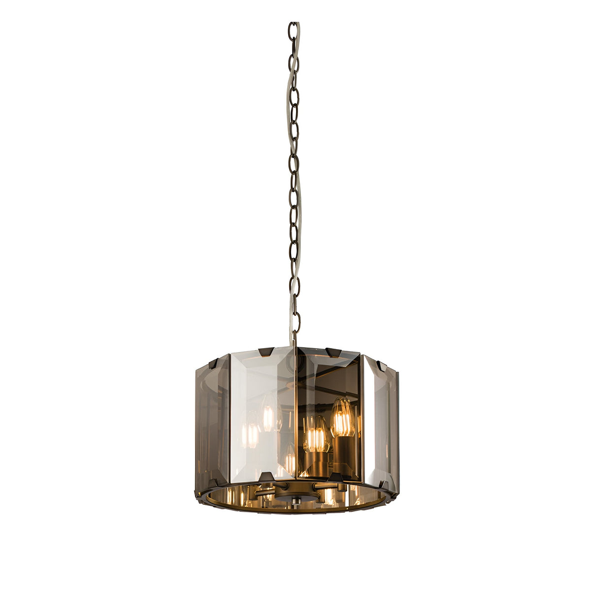 Bevshaw 4 Light Pendant in slate grey, with bevelled smoke glass panels and an adjustable chain suspension, shown on a plain white background.