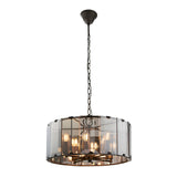 Endon Bevshaw 8 light pendant with bevelled smoke glass panels on a slate grey frame, suspended from a chain, shown on a white background.