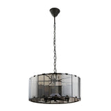 Endon Bevshaw 8 light pendant with bevelled smoke glass panels on a slate grey drum frame, suspended from a chain against a white background.