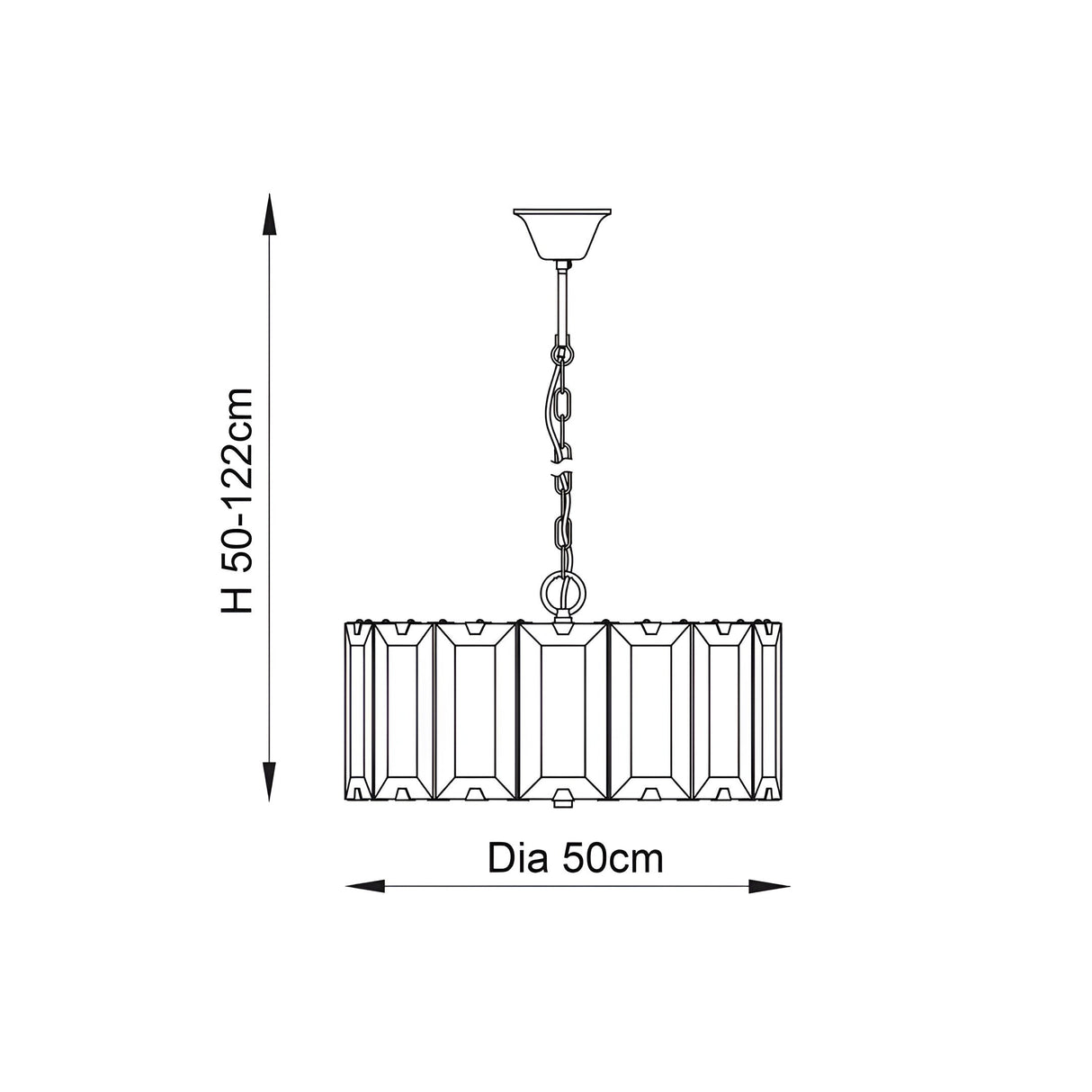 Dimension diagram for the Endon Bevshaw 8 Light Pendant showing a 50cm diameter drum shade and adjustable drop height of 50 to 122cm.