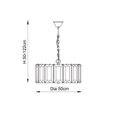 Dimension diagram for the Endon Bevshaw 8 Light Pendant showing a 50cm diameter drum shade and adjustable drop height of 50 to 122cm.