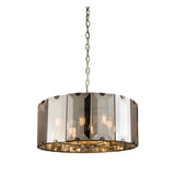 Endon Bevshaw 8 light pendant with bevelled smoke glass panels on a slate grey drum frame, suspended from a chain against a plain background.