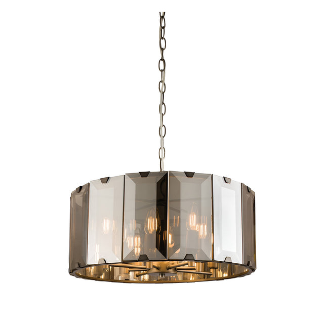 Endon Bevshaw 8 light pendant with bevelled smoke glass panels on a slate grey drum frame, suspended from a chain against a plain background.