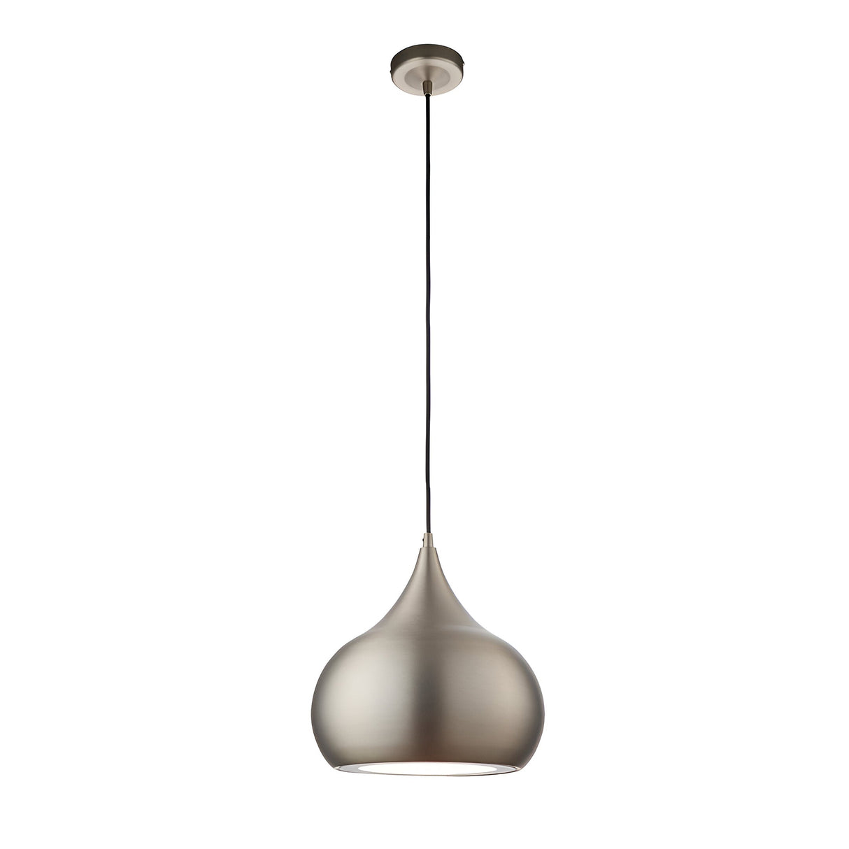 Ashleigh Pendant in matt nickel with a teardrop metal shade and white diffuser base, suspended from a black cord on a plain white background.