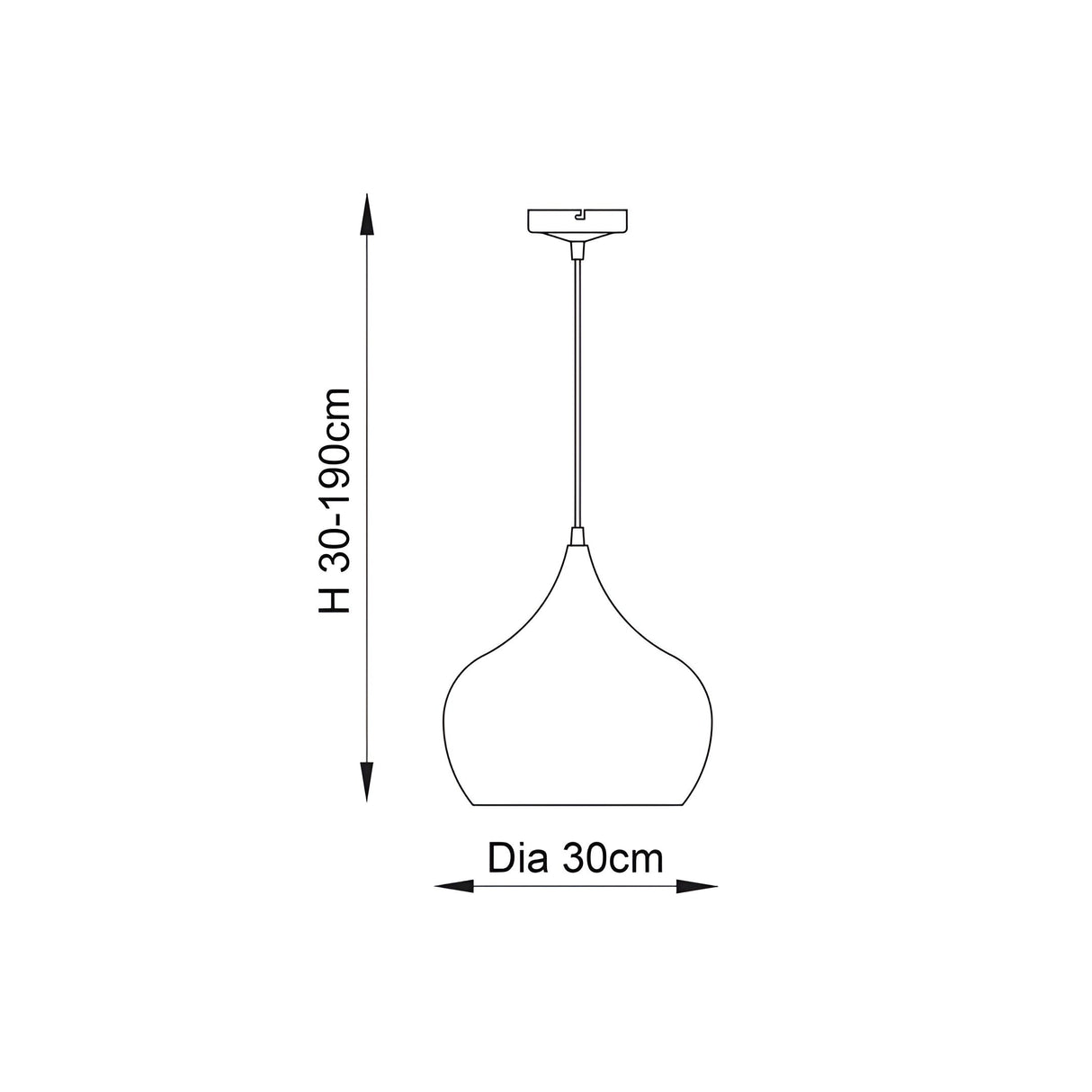 Ashleigh Pendant line drawing showing a single dome shade on a slim rod with ceiling mount, with height 30-190cm and 30cm diameter labelled.