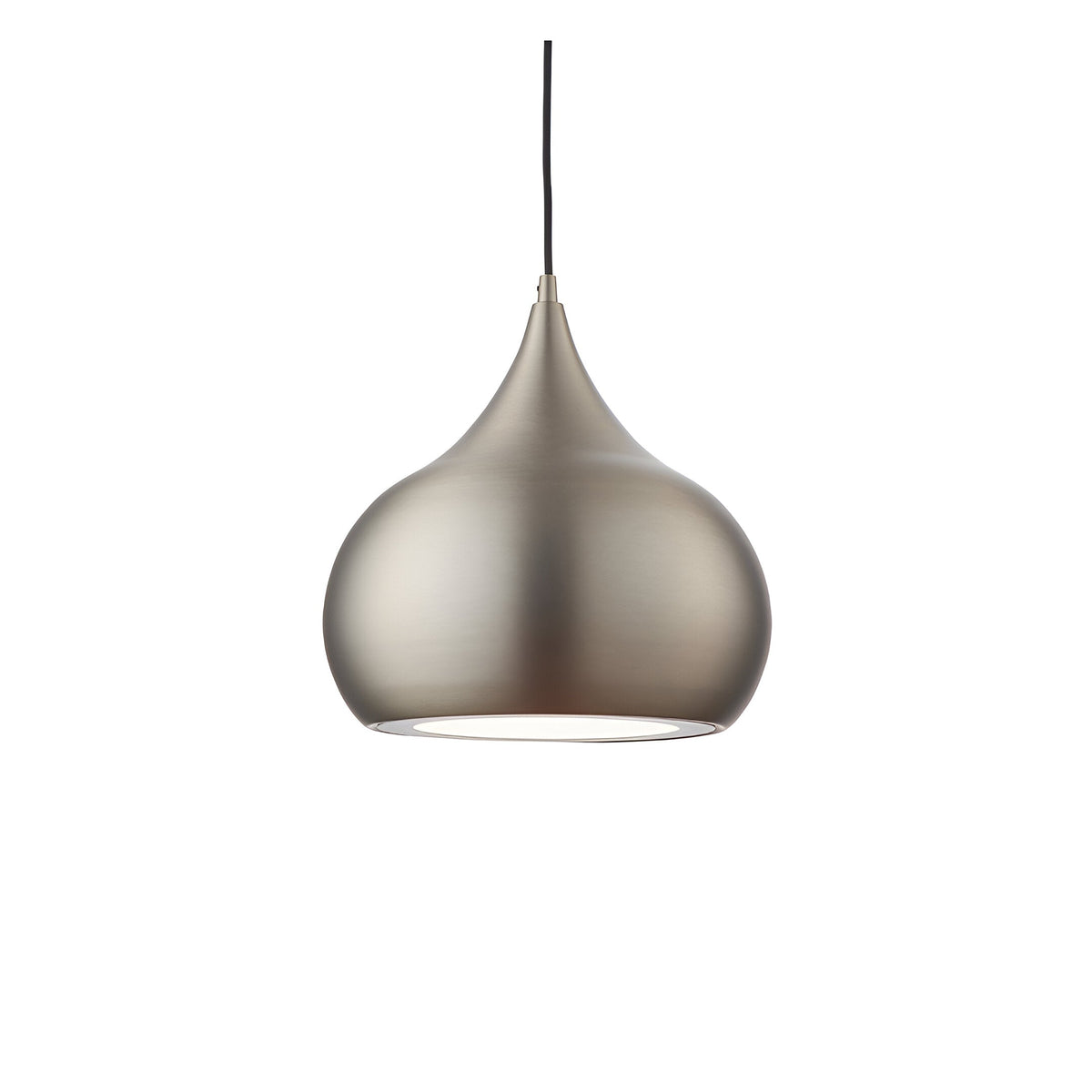 Ashleigh Pendant in matt nickel, teardrop-shaped metal shade with white diffuser, black cable and ceiling rose, shown on a plain white background.