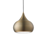 Endon Ashleigh onion-shaped pendant light in matt antique brass with a white diffuser and black fabric flex, shown on a plain white background.