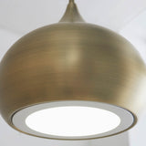 Close-up of the Endon Ashleigh pendant light showing its domed matt antique brass shade and white LED diffuser against a plain background.