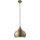 Endon Ashleigh teardrop pendant light in matt antique brass with white diffuser, suspended from a black flex and ceiling rose on a white background.