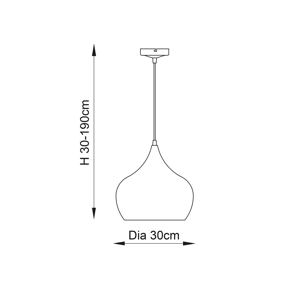 Line drawing of Endon Ashleigh pendant light with curved teardrop shade, showing 30cm diameter and adjustable 30-190cm drop height.