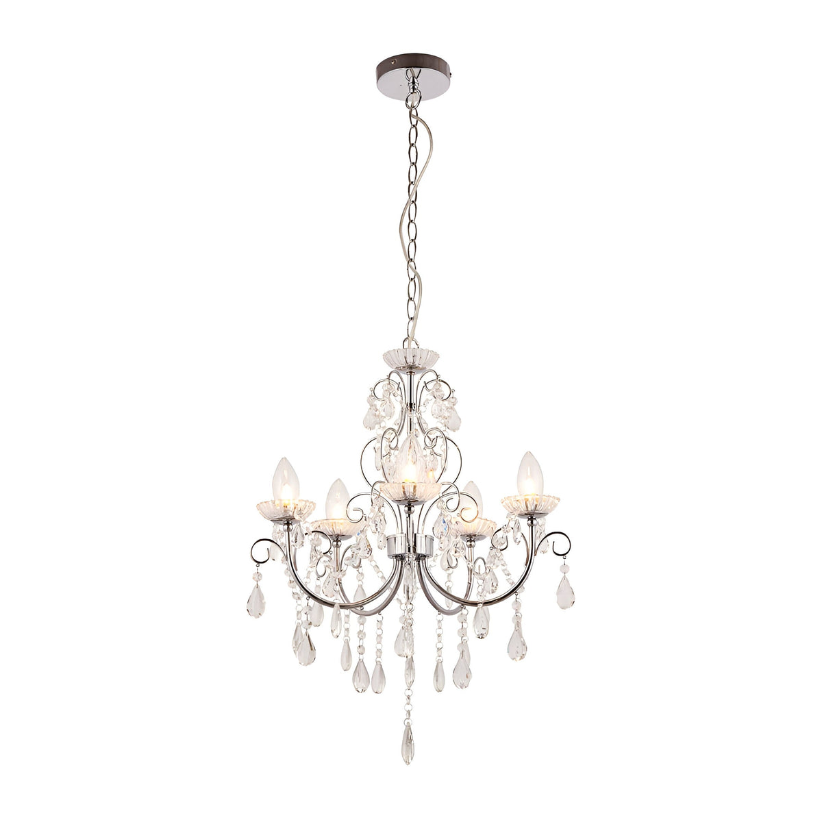 Endon Crandon 5 light bathroom chandelier in polished chrome with clear faceted crystal droplets and candle bulbs, shown on a plain white background.