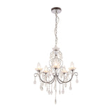 Endon Crandon 5 light bathroom chandelier in polished chrome with clear faceted crystal droplets and candle bulbs, shown on a plain white background.