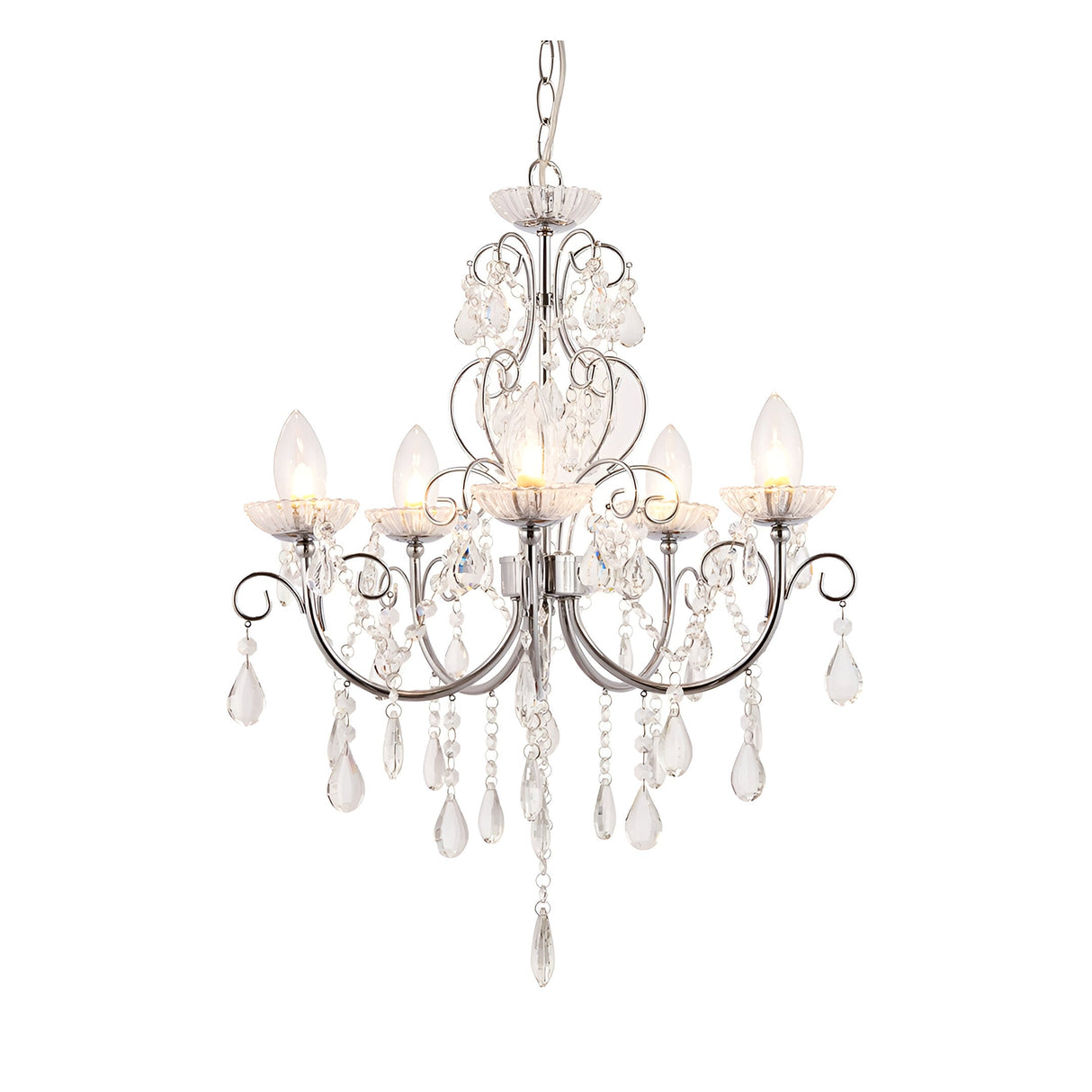 Endon Crandon 5 light bathroom chandelier in polished chrome with clear faceted crystal droplets and candle bulbs, shown on a plain white background.
