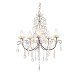 Endon Crandon 5 light bathroom chandelier in polished chrome with clear faceted crystal droplets and candle bulbs, shown on a plain white background.
