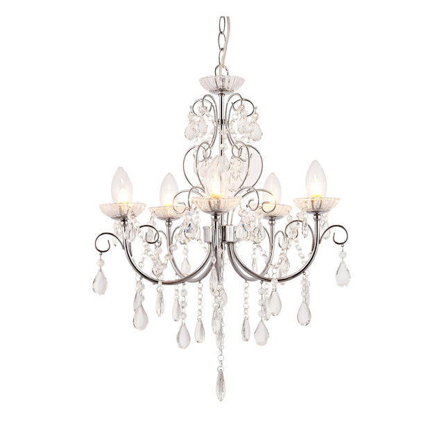 Endon Crandon 5 light bathroom chandelier in polished chrome with clear faceted crystal droplets and candle bulbs, shown on a plain white background.