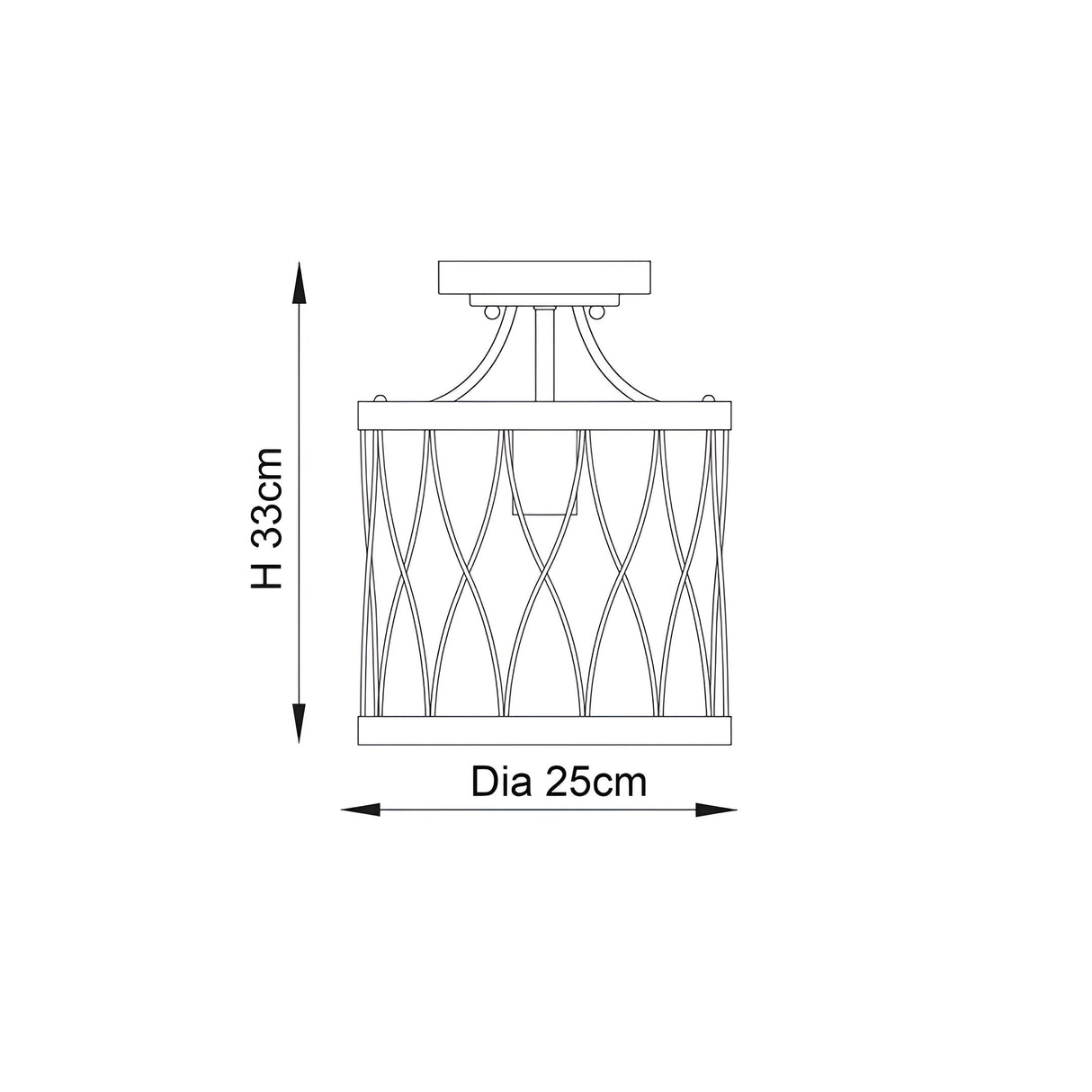 Endon Hulton flush ceiling light dimension diagram showing 33cm height and 25cm diameter for the black metal single-light cage fitting.