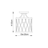 Endon Hulton flush ceiling light dimension diagram showing 33cm height and 25cm diameter for the black metal single-light cage fitting.