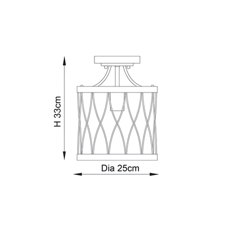 Endon Hulton flush ceiling light dimension diagram showing 33cm height and 25cm diameter for the black metal single-light cage fitting.