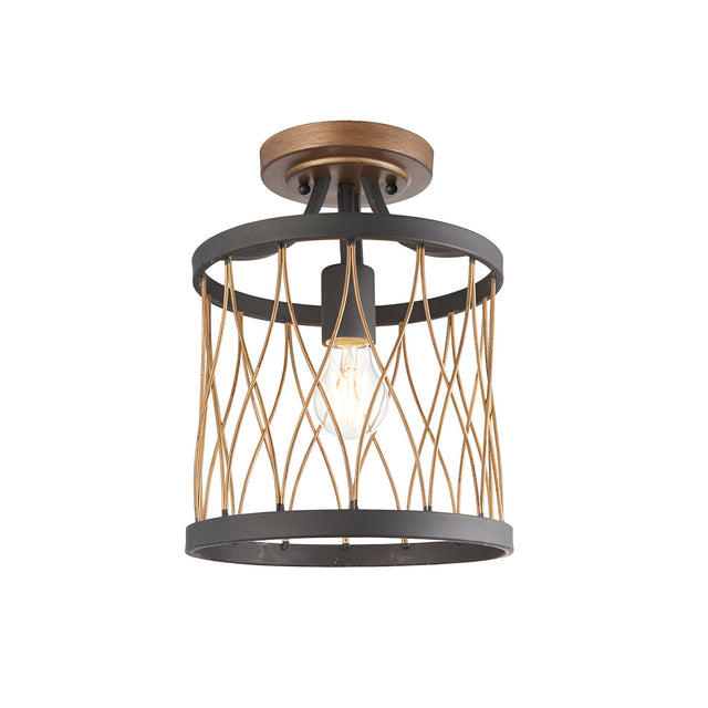 Endon Hulton flush ceiling light with black drum frame and gold wavy wire cage around a single E27 bulb, wood-effect ceiling plate, on white background.