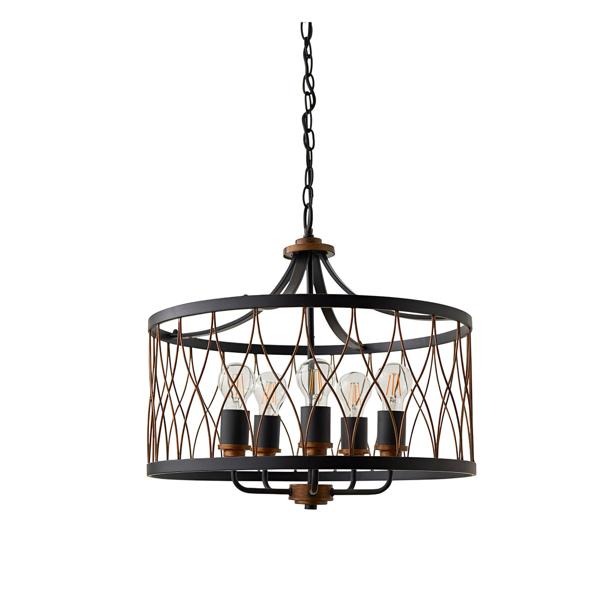 Hulton 5 Light Pendant in matt black with bronze lattice cage detail, drum shape frame, adjustable chain and exposed E27 bulbs, on a white background.