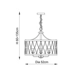 Hulton 5 Light Pendant in bronze and black with open lattice drum shade, adjustable chain, ceiling rose, and dimension diagram showing 52cm diameter.