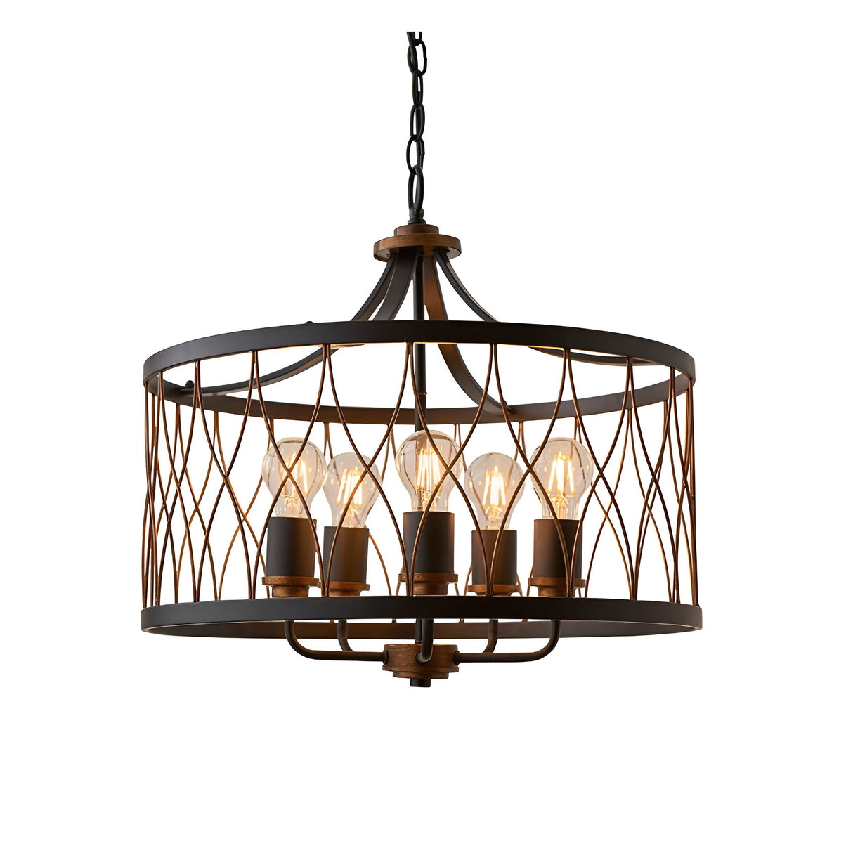 Hulton 5 Light Pendant in matt black and bronze, with open lattice metal drum shade, five exposed bulbs and adjustable chain, on a white background.