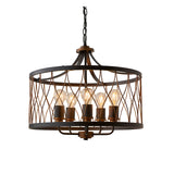 Hulton 5 Light Pendant in matt black and bronze, with open lattice metal drum shade, five exposed bulbs and adjustable chain, on a white background.